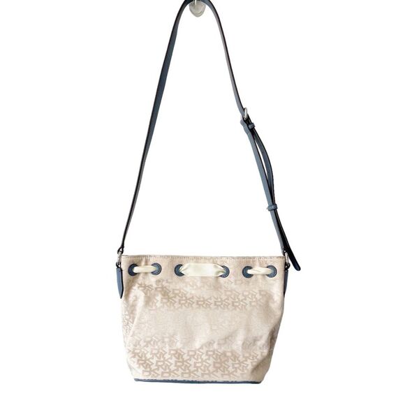 DKNY Ivory Cream and Blue Trims Lace Bow Front Bucket Style Crossbody Purse Bag - Picture 4 of 14